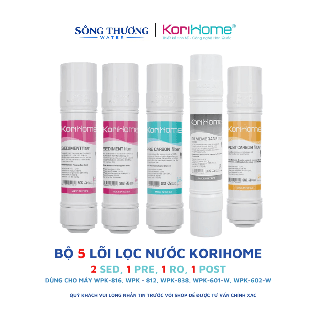 Combo 5 lõi lọc nước Korihome (2 sediment + 1 precarbon+1 postcarbon+1 màng RO) hệ lõi cắm nhanh máy WPK-812, WPK-816 - ảnh 1