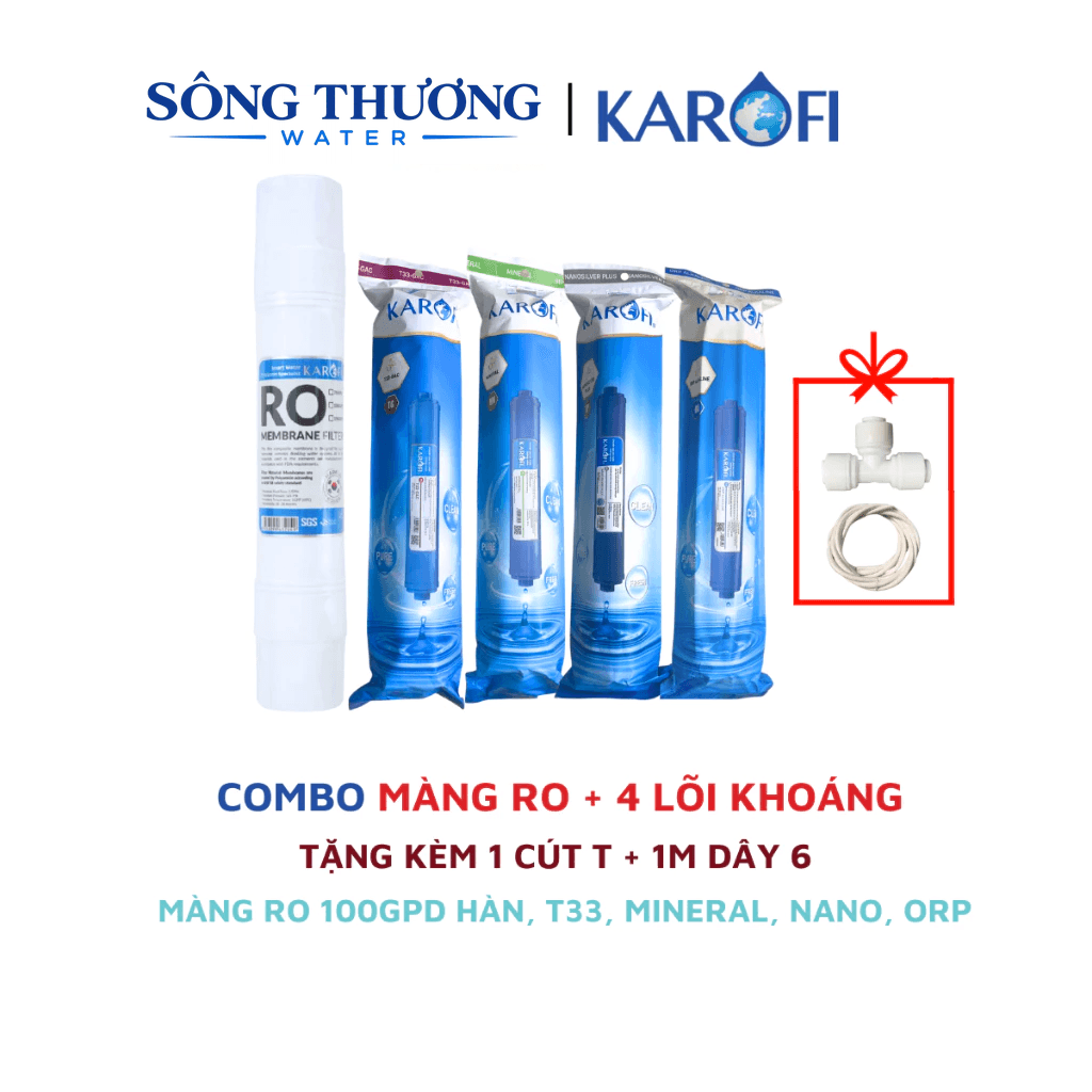 Combo màng RO đúc nguyên khối 100 GPD và 4 lõi chức năng T33, Mineral, Orp, Nano cho máy Karofi - ảnh 1